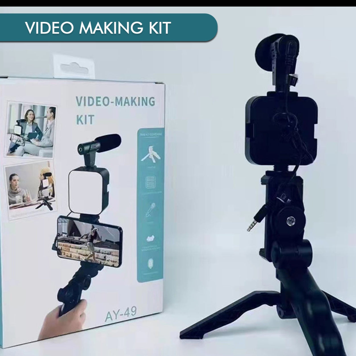 6054 Vlogging Kit For Video Making With Mic Mini Tripod Stand Led Light  Phone Holder Clip For Making Videos